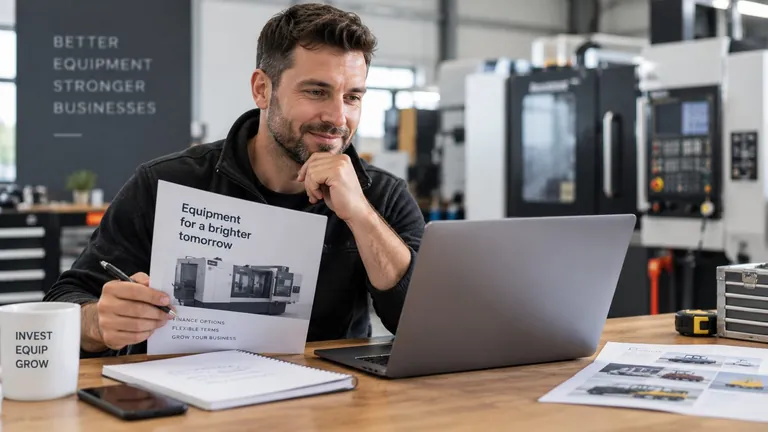 Business owner reviewing equipment finance options on a laptop in a workshop
