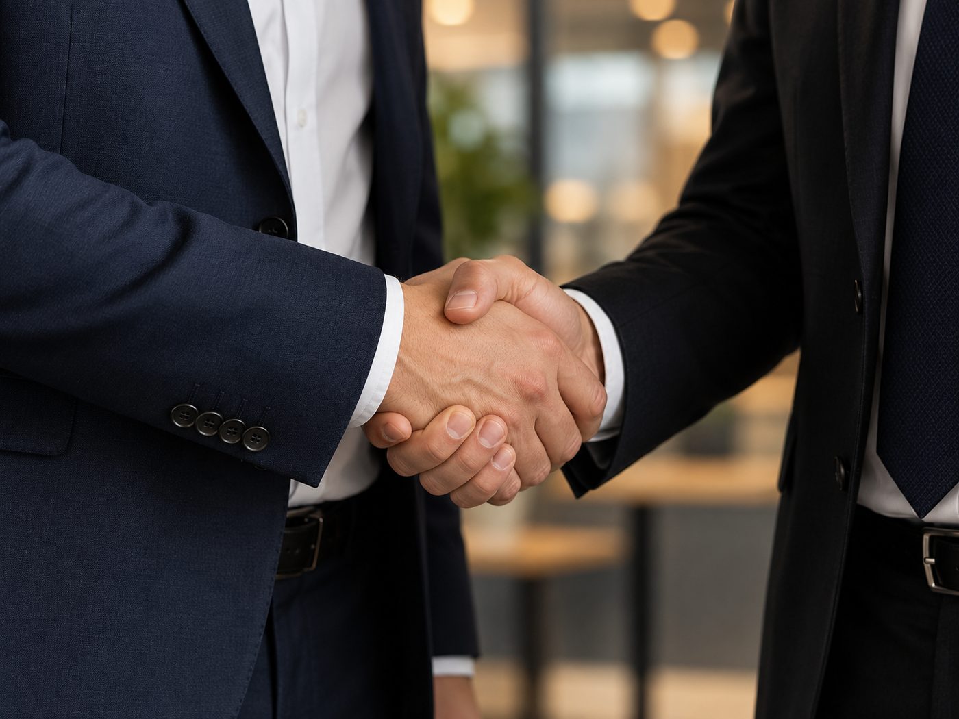 Two business professionals shaking hands on a business finance partnership