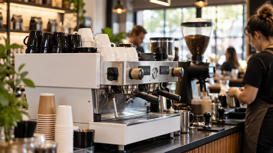 Barista preparing espresso on a professional coffee machine