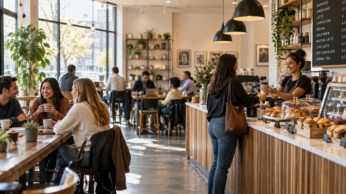 Barista serving a customer at a small business coffee shop counter