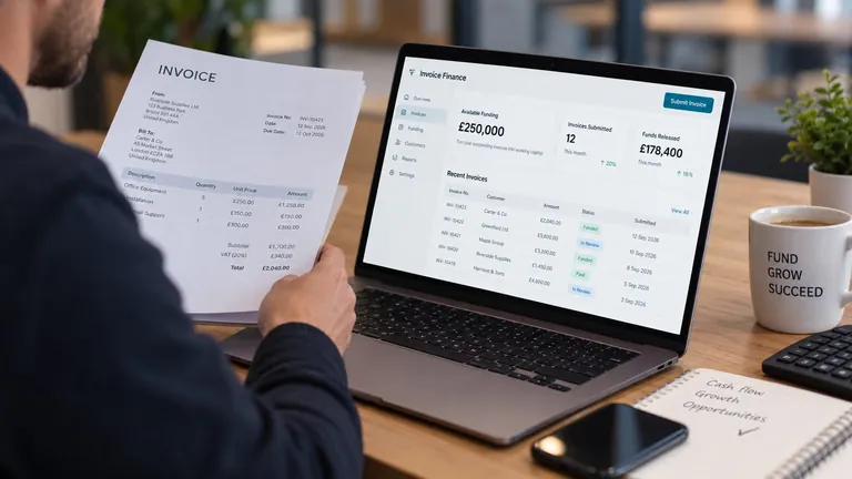 Business owner reviewing invoices beside a laptop showing an invoice finance dashboard