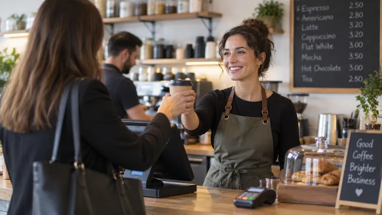 Barista serving a customer at a busy cafe counter