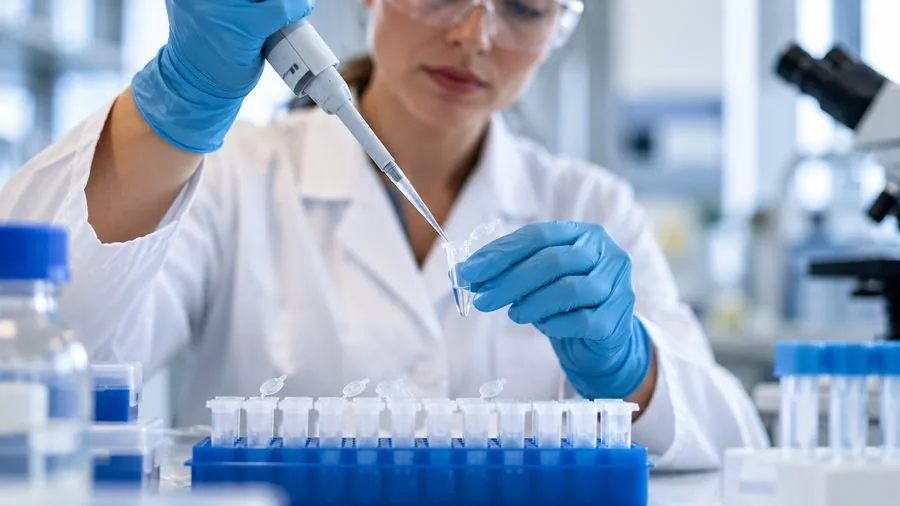 Scientist using a pipette to dispense solution into test tubes
