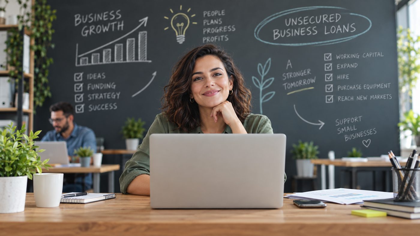 Business owner confidently reviewing unsecured business loan options on a laptop